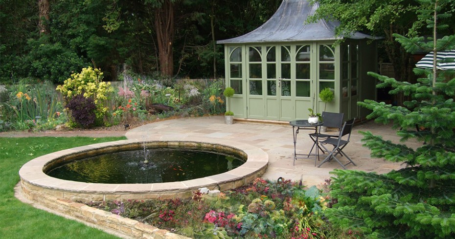 garden design with patio and pond